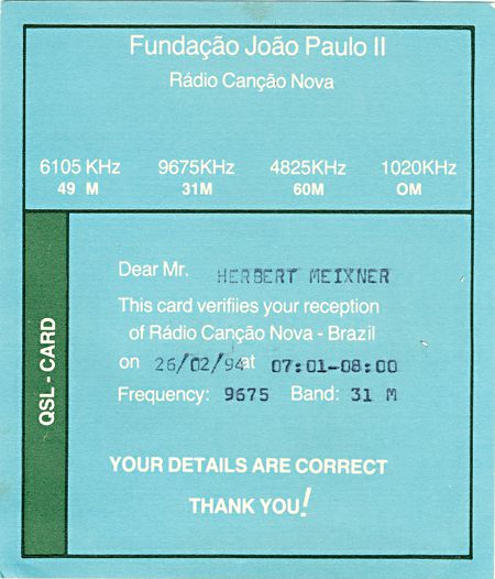 qsl radio Cancao Nova